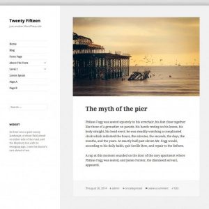Default WordPress theme that has a left side navigation bar and a blog post with a sunset picture displayed
