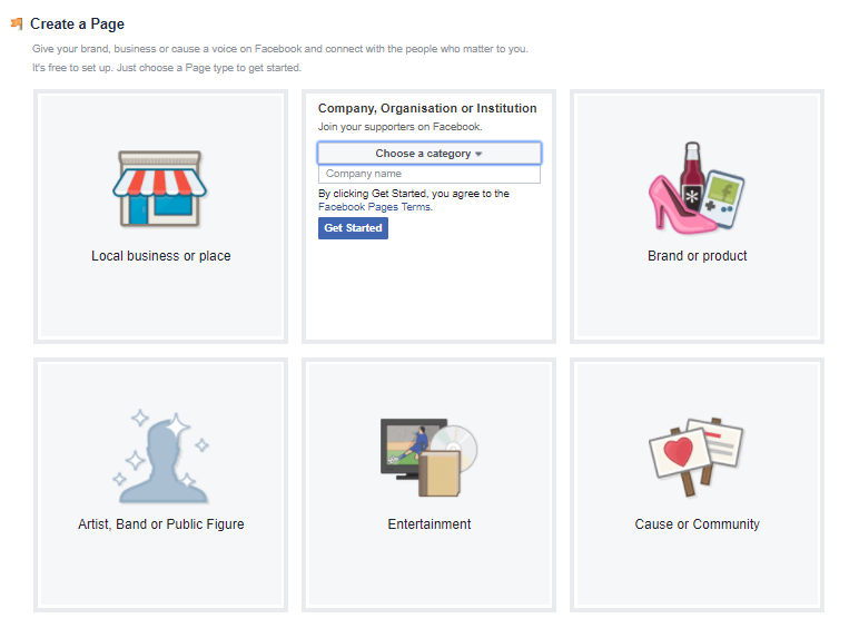 facebook business account - choose a category