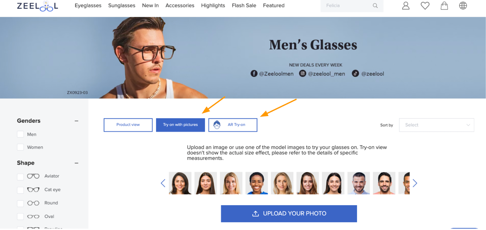Zeelool glasses virtual try on page